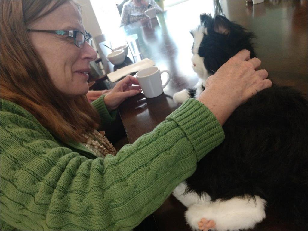 Bonnie Mayer petting one of the mechanical cats