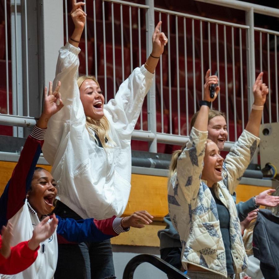 student cheering on bleachers at basketball game