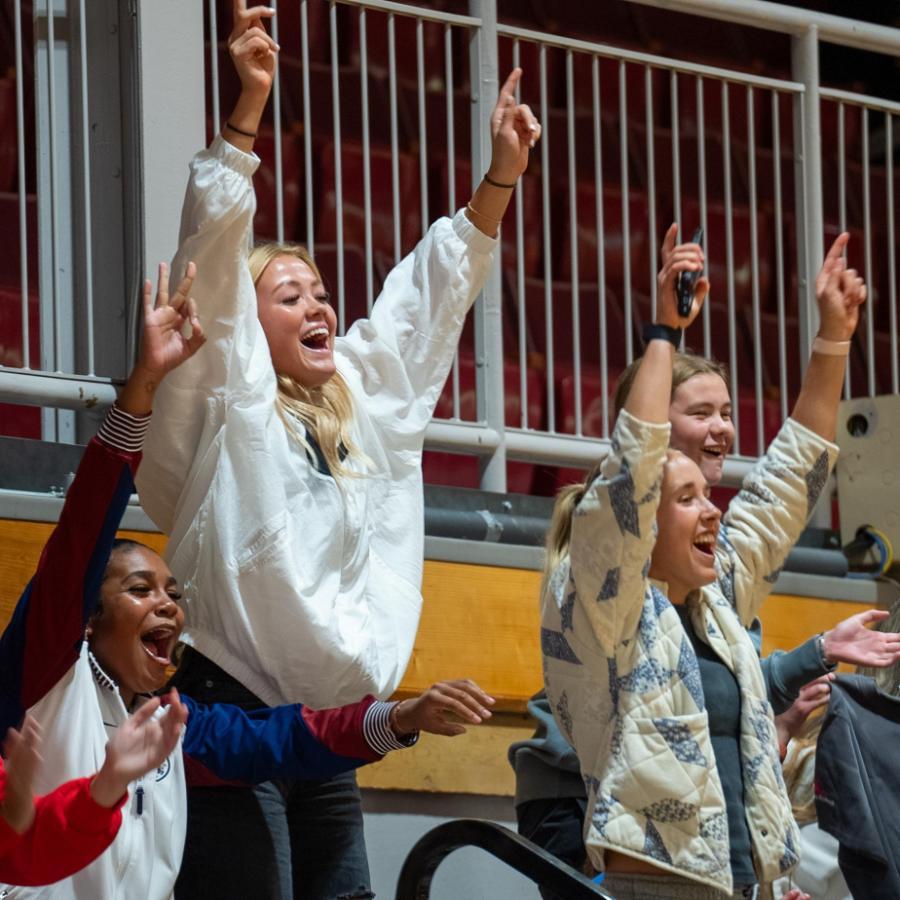student cheering on bleachers at basketball game