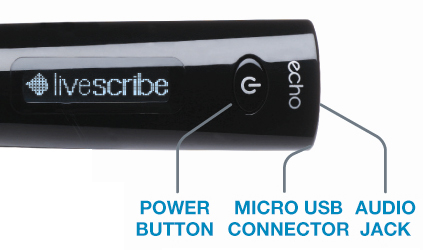 Picture of LiveScribe Echo Power Button, Micro USB Connector, and Audio Jack