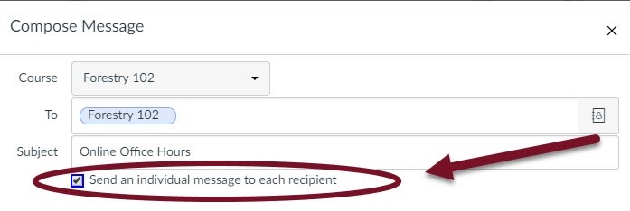 Image of the Compose Message screen in canvas with the checkbox selected for send an individual message to each recipient