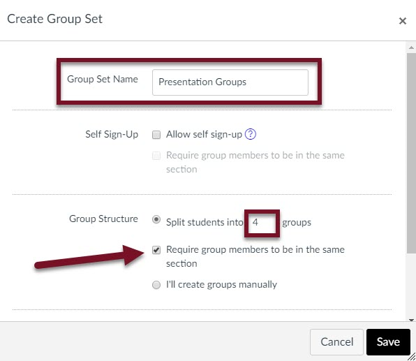 An image of the Canvas create group set with group set name highlighted.  Under group structure the number of groups is highlighted and an arrow points to the checkbox for require group members to be in the same section.