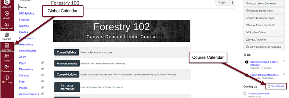 Canvas image for accessing the course calendar with an arrow pointing at the left calendar menu in the course navigation and an arrow pointing to view calendar on the left navigation