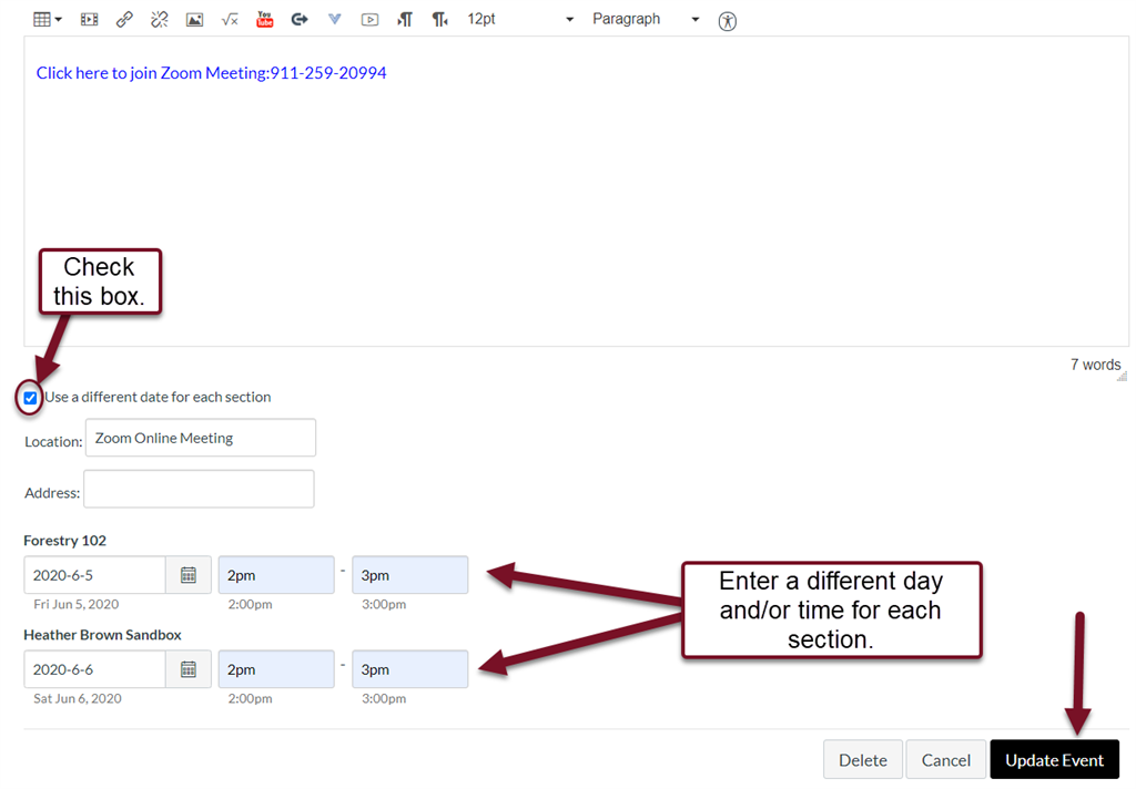 An image showing the editor page for an event.  An arrow points to the checkbox to be selected for Use a different date for each section and arrows indicating that you should use different days and times for each section