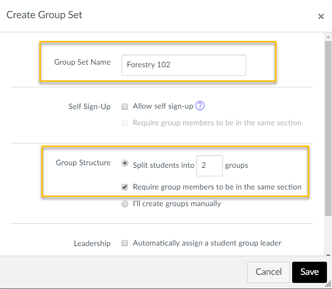 Image showing the create group set window in canvas with Group set name and group structure areas highlighted