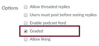 Image of the options menu after creating a discussion prompt with a checkbox selected next to the graded option