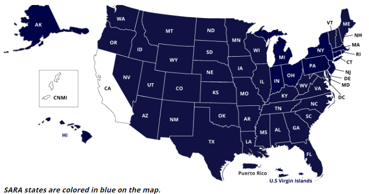 Map of the US with all NC-SARA states shaded in blue