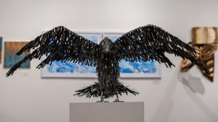 “Hrafn Munin,” a fire-forged metal sculpture by NIC student Matthew Bowen sits on display in the Boswell Corner Gallery. The current exhibition of student art ends May 3.