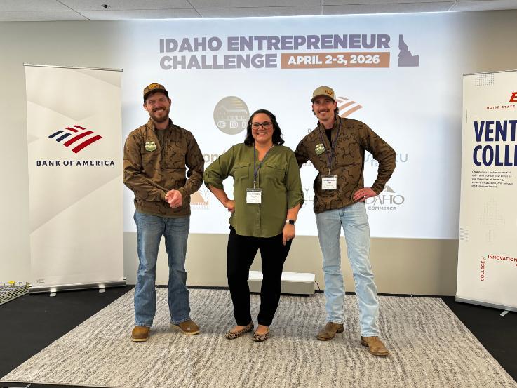 From left, NIC students Dylan Herman, Casandra Rencken and Cain Gardner pose for a photo on April 3 at the Idaho Entrepreneur Challenge in Boise.